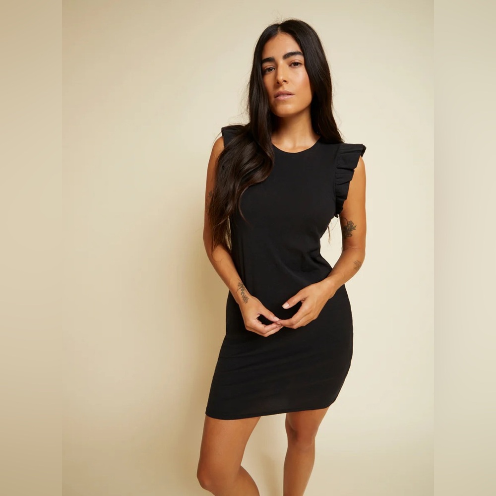 Nation LTD Elliot Ruffle Sleeve T Shirt Dress Black Knit Mini XS